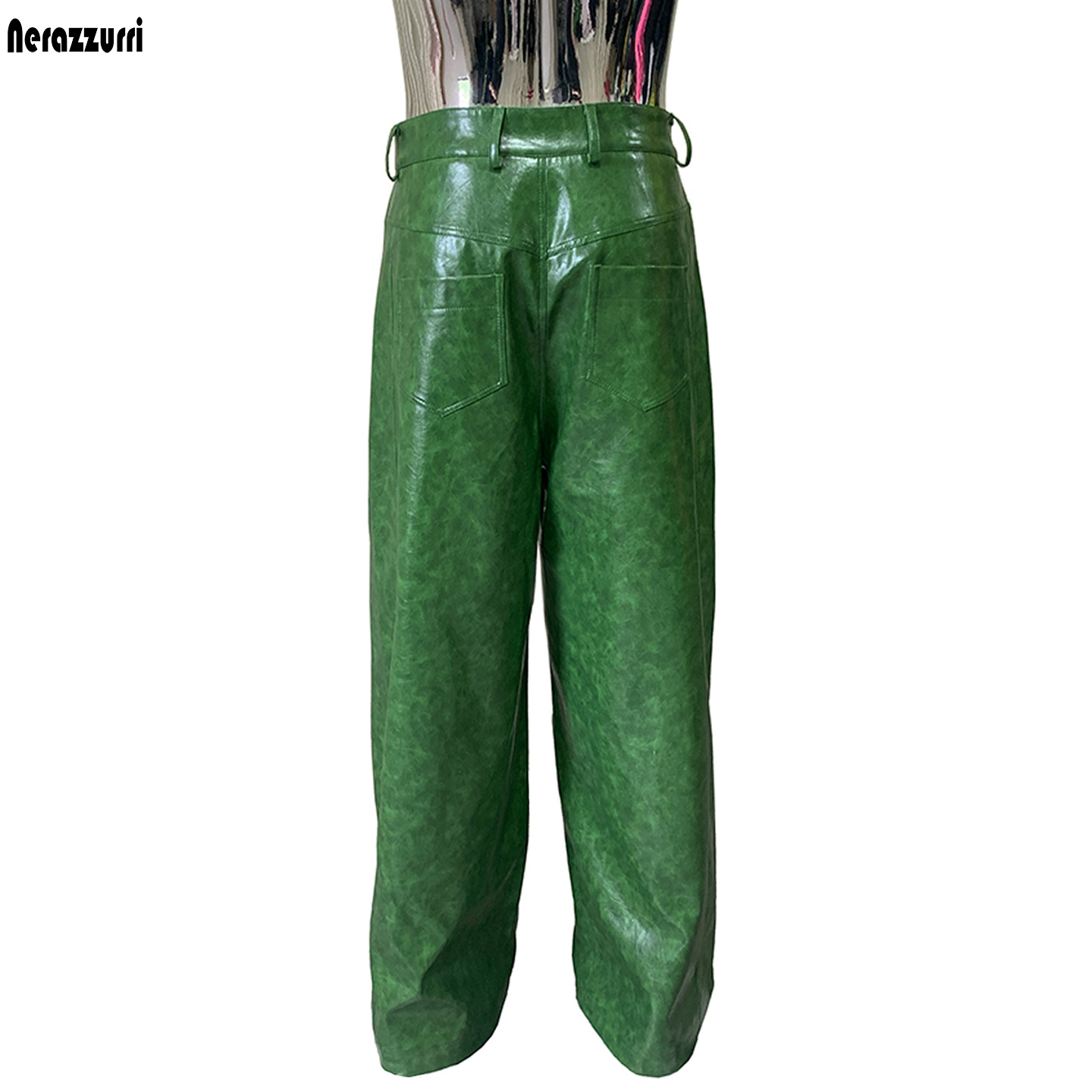 Motorcycle Gear Mens - Calças largas de couro PU verde